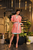 Pink and cyan hand painted  crochet overlay dress with printed belt