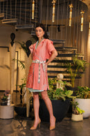 Pink and cyan hand painted  crochet overlay dress with printed belt