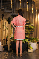 Pink and cyan hand painted  crochet overlay dress with printed belt