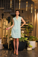 Pink and cyan hand painted  crochet overlay dress with printed belt