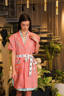 Pink and cyan hand painted  crochet overlay dress with printed belt