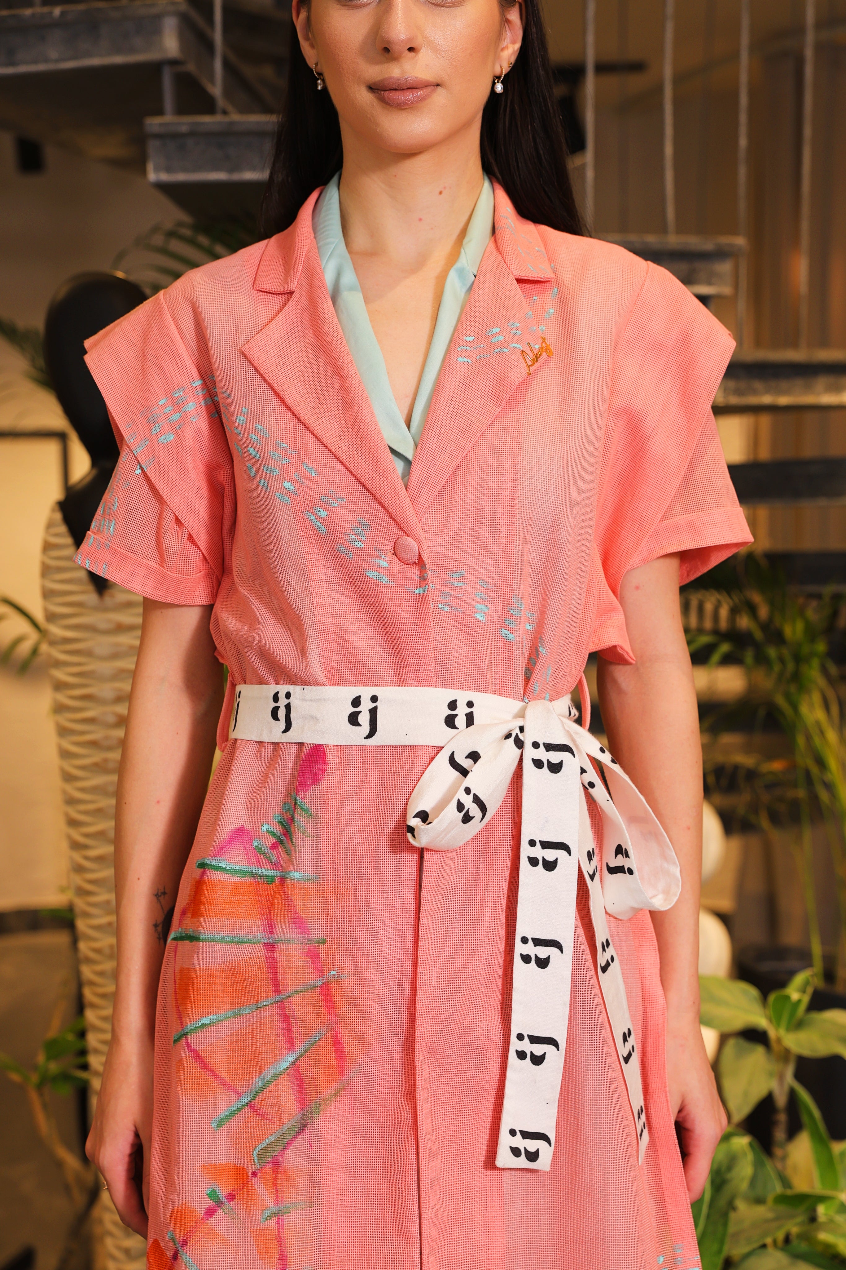 Pink and cyan hand painted  crochet overlay dress with printed belt