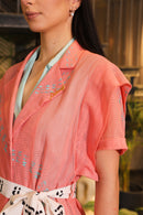 Pink and cyan hand painted  crochet overlay dress with printed belt