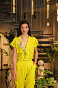 neon linen lapelled crop shirt with jogger pants