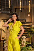 neon linen lapelled crop shirt with jogger pants