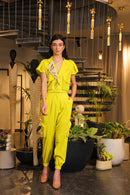 neon linen lapelled crop shirt with jogger pants