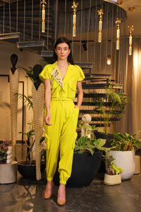 neon linen lapelled crop shirt with jogger pants
