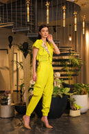 neon linen lapelled crop shirt with jogger pants