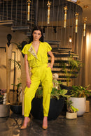 neon linen lapelled crop shirt with jogger pants