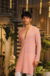 Peach crochet mirror work kurta with pants