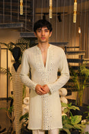 Minty ivory mirror work crochet kurta and pants