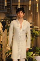 Minty ivory mirror work crochet kurta and pants