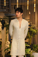 Minty ivory mirror work crochet kurta and pants