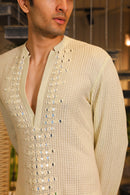 Minty ivory mirror work crochet kurta and pants