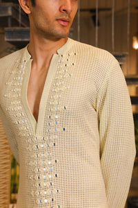 Minty ivory mirror work crochet kurta and pants