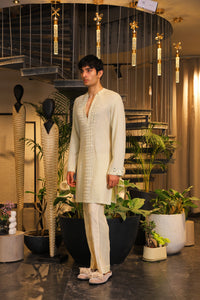 Minty ivory mirror work crochet kurta and pants