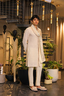 Ivory beige crochet bandgala kurta with mirror work stole and pants