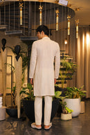 Ivory beige crochet bandgala kurta with mirror work stole and pants