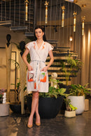 Off white crochet hand painted overlay dress with printed belt