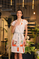 Off white crochet hand painted overlay dress with printed belt