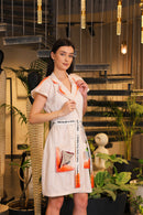 Off white crochet hand painted overlay dress with printed belt