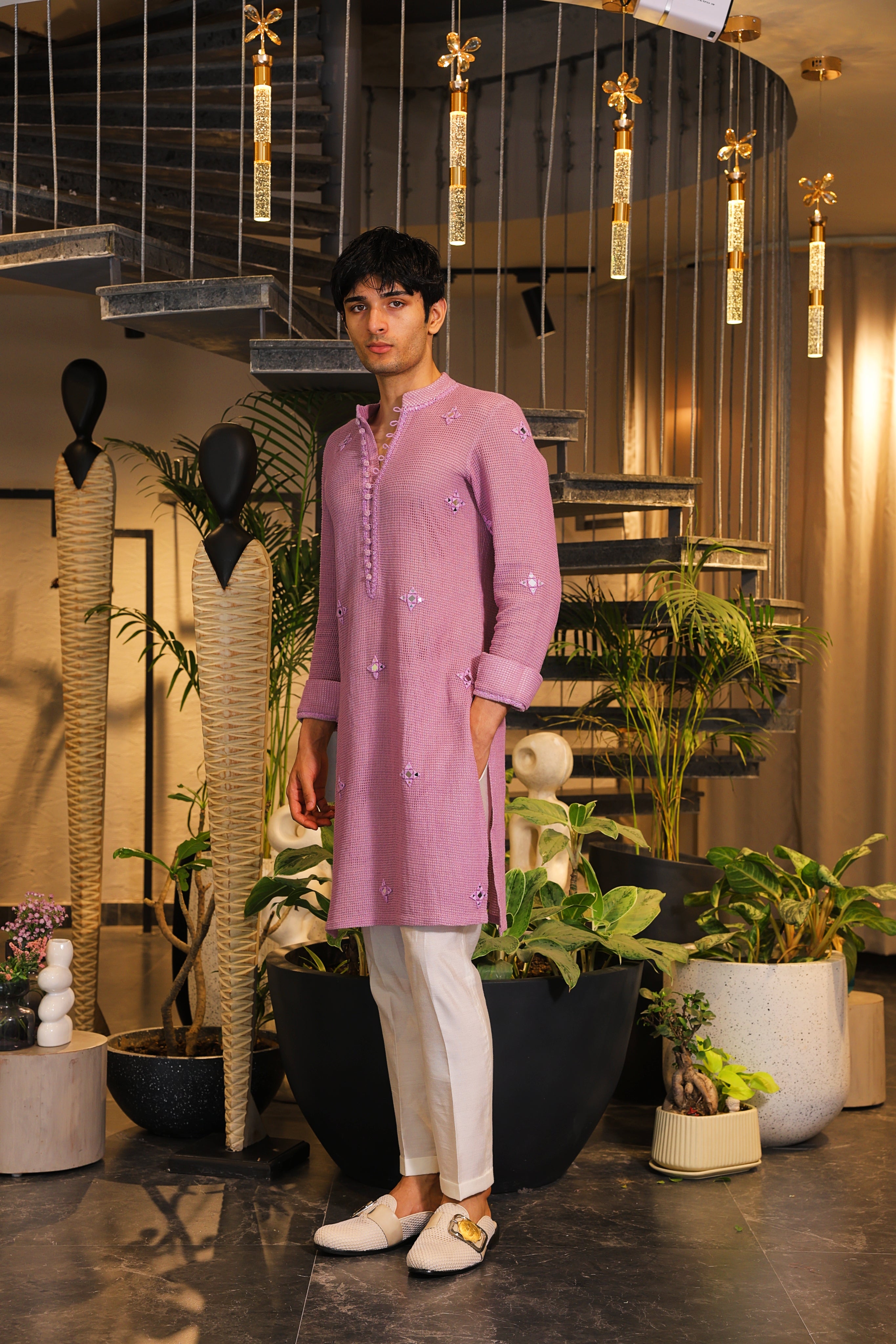 Mystic purple crochet mirror work kurta with pants
