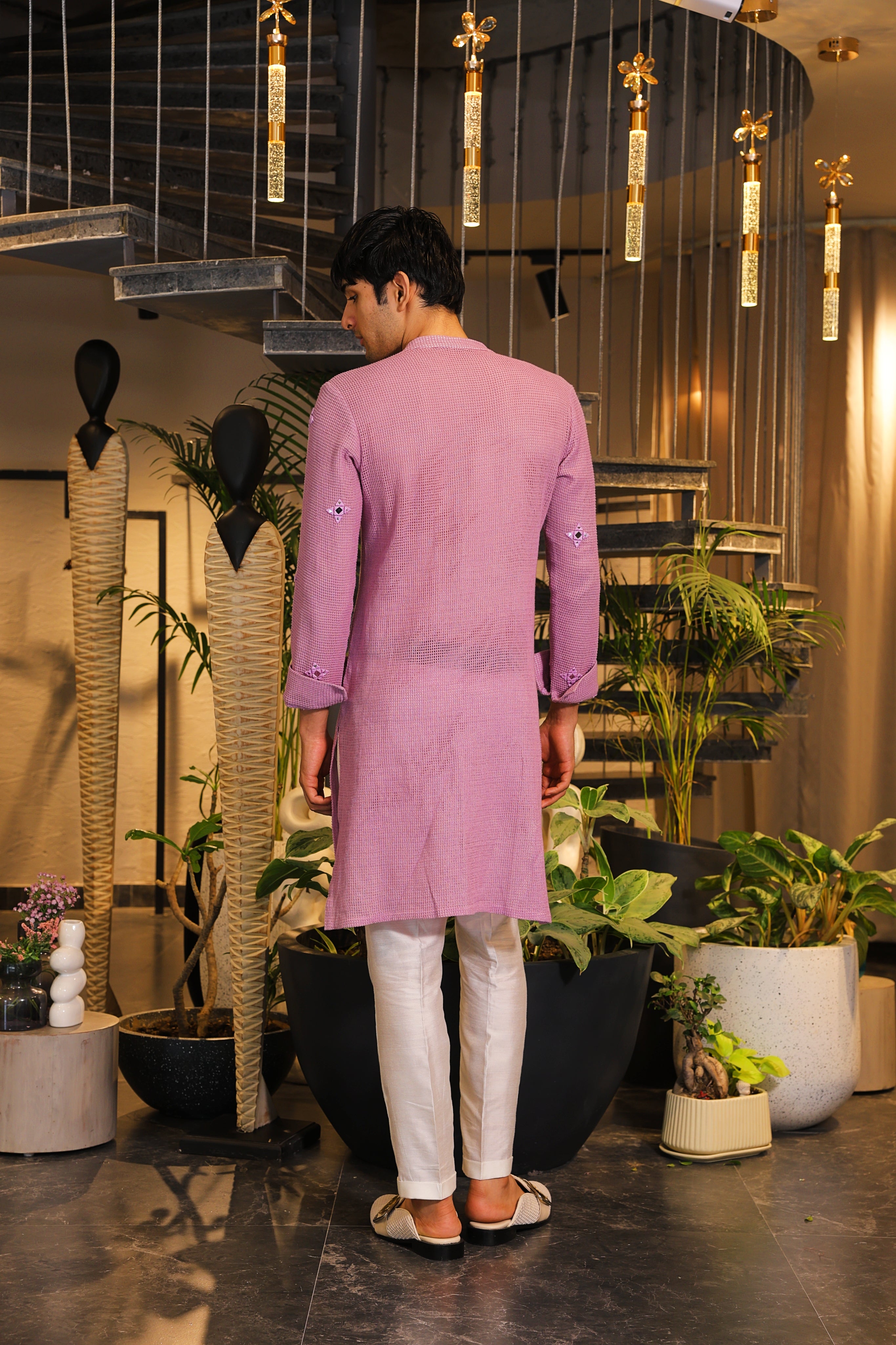 Mystic purple crochet mirror work kurta with pants