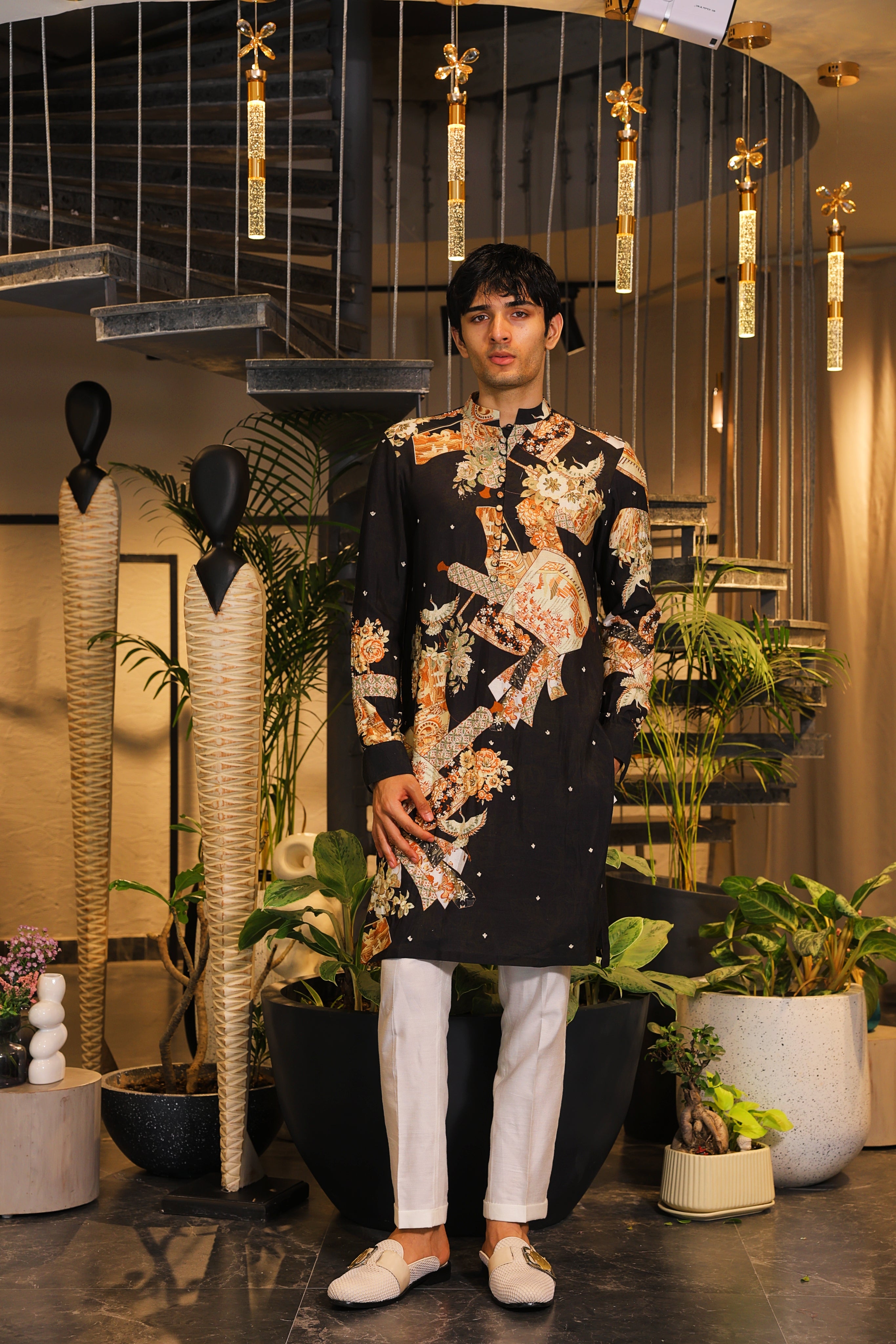 Black printed kurta with pants