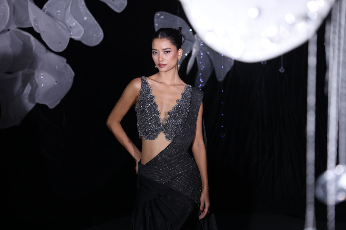 The glided black aroma indo western saree set