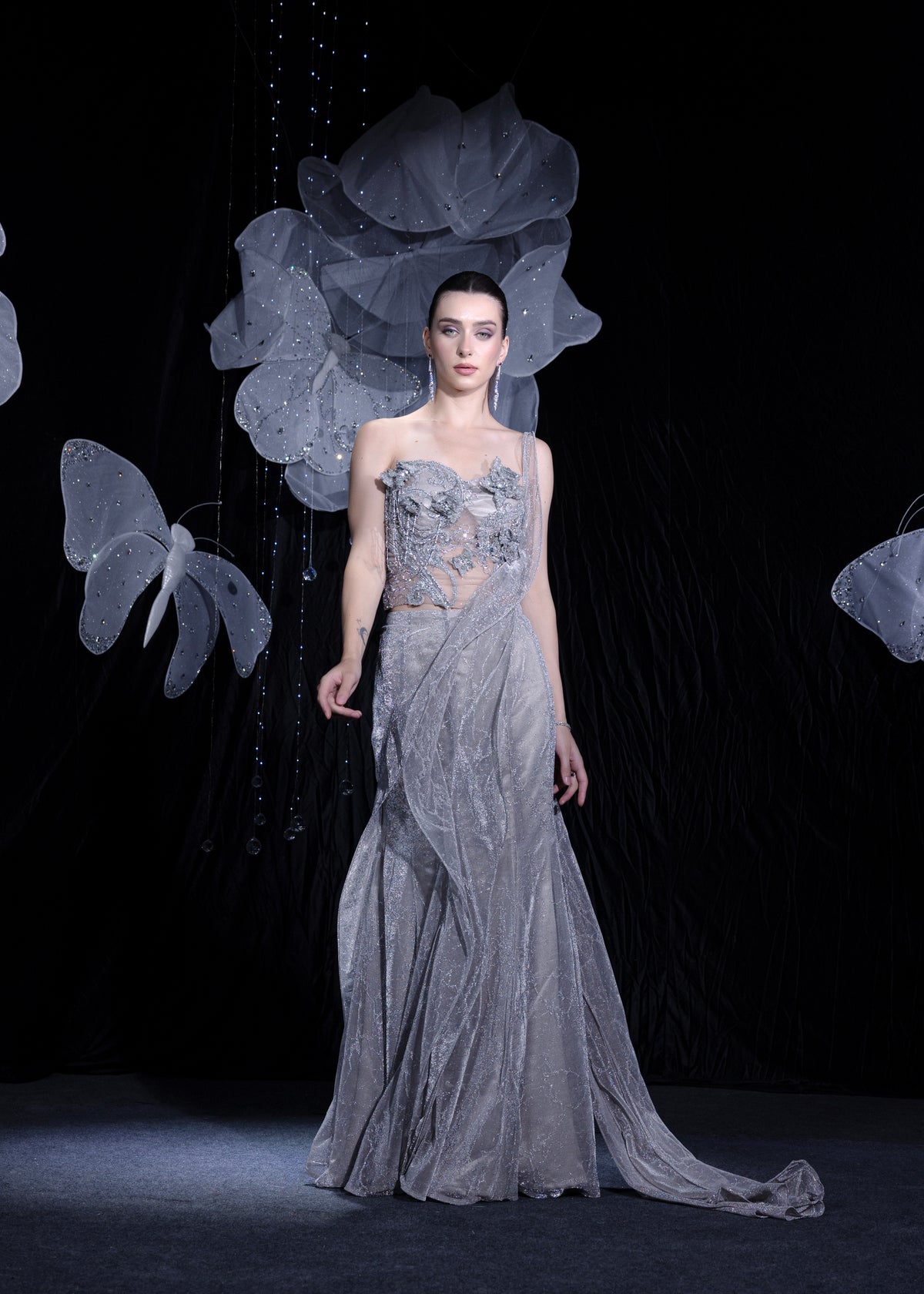 The midnight silver draped saree set