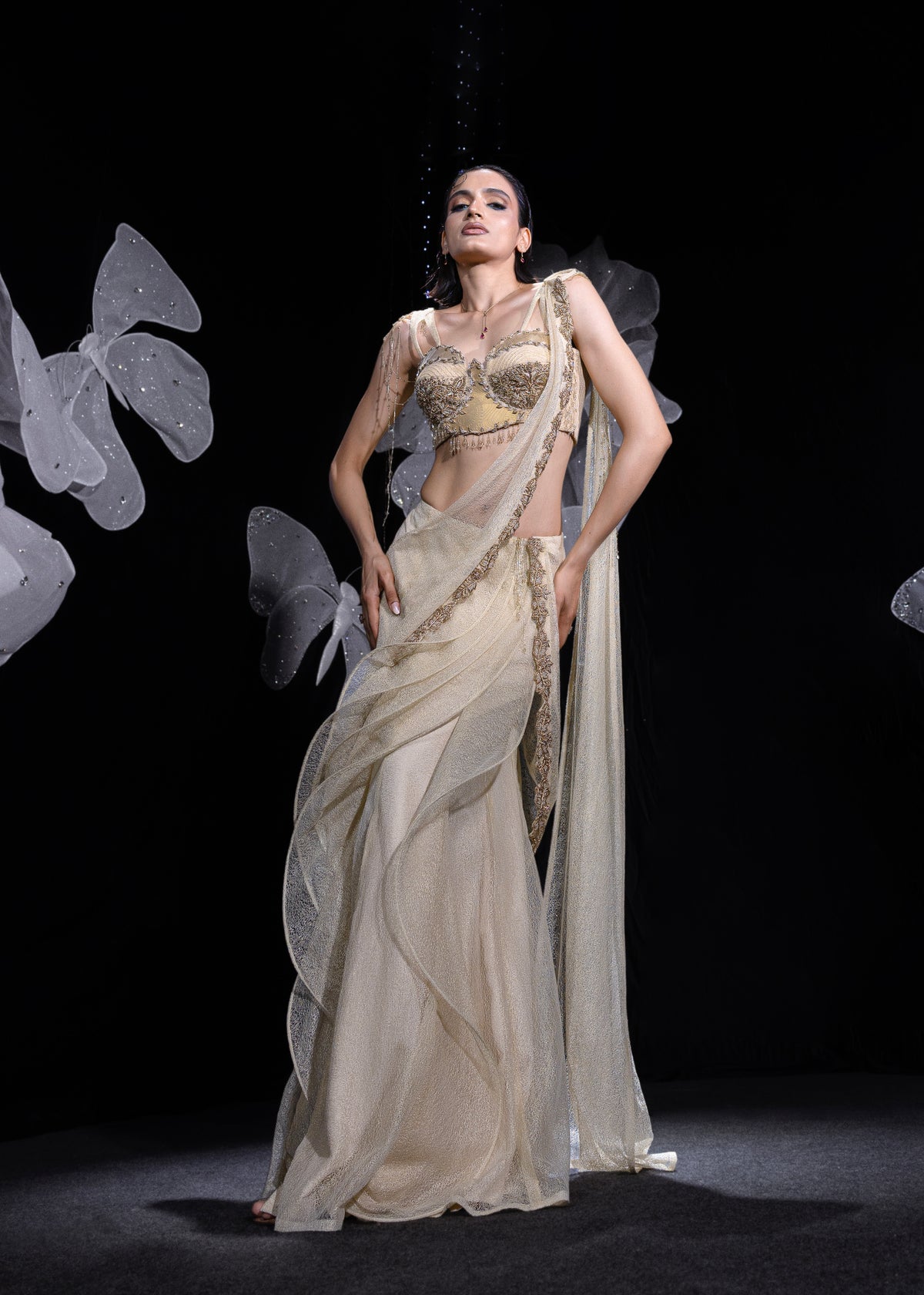 Metallic muse draped saree set