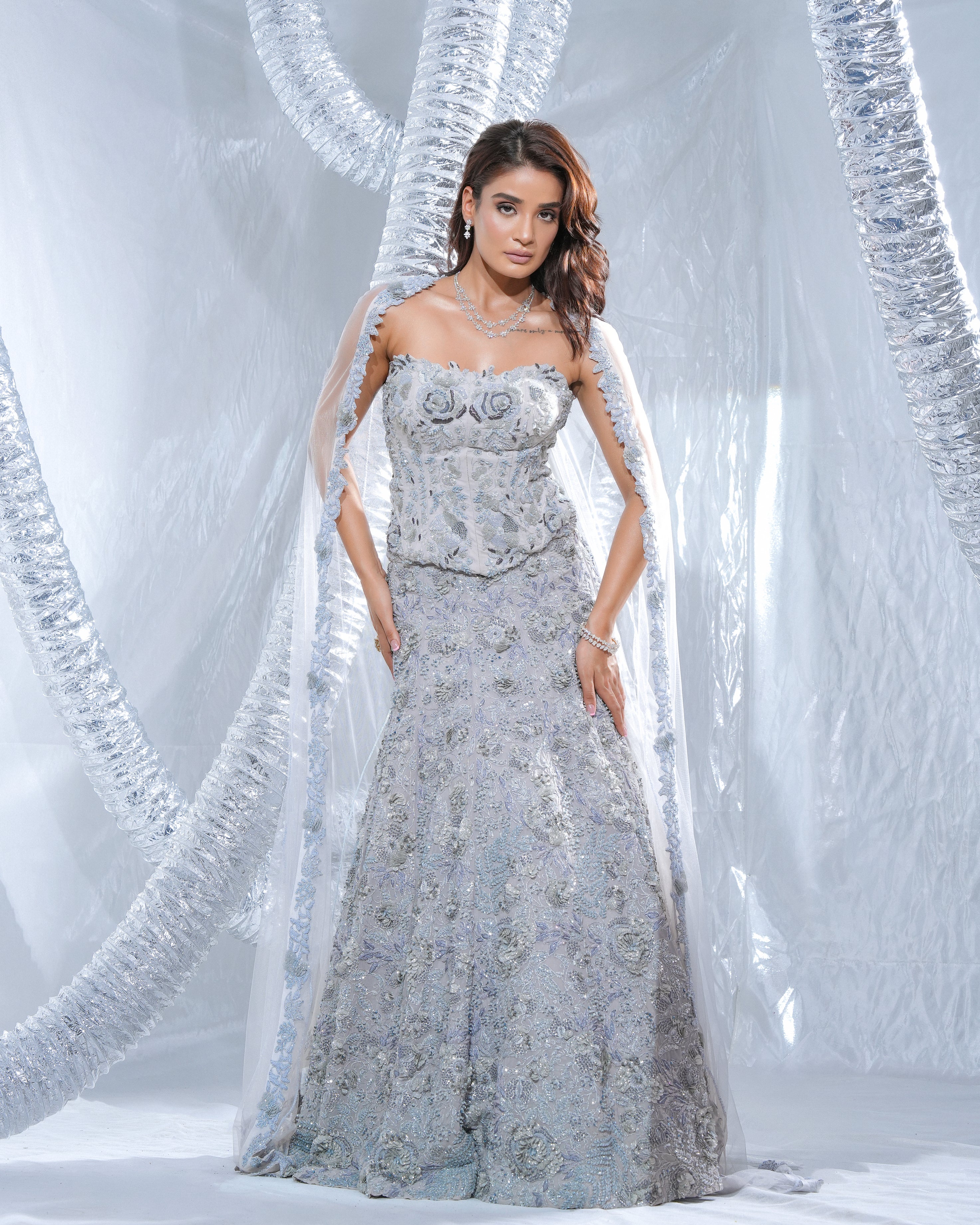 Silver corset tube lehenga, fish cut neo