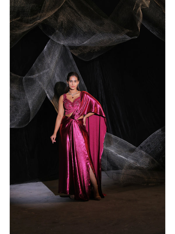 Mettalic pink drape saree ( signature )