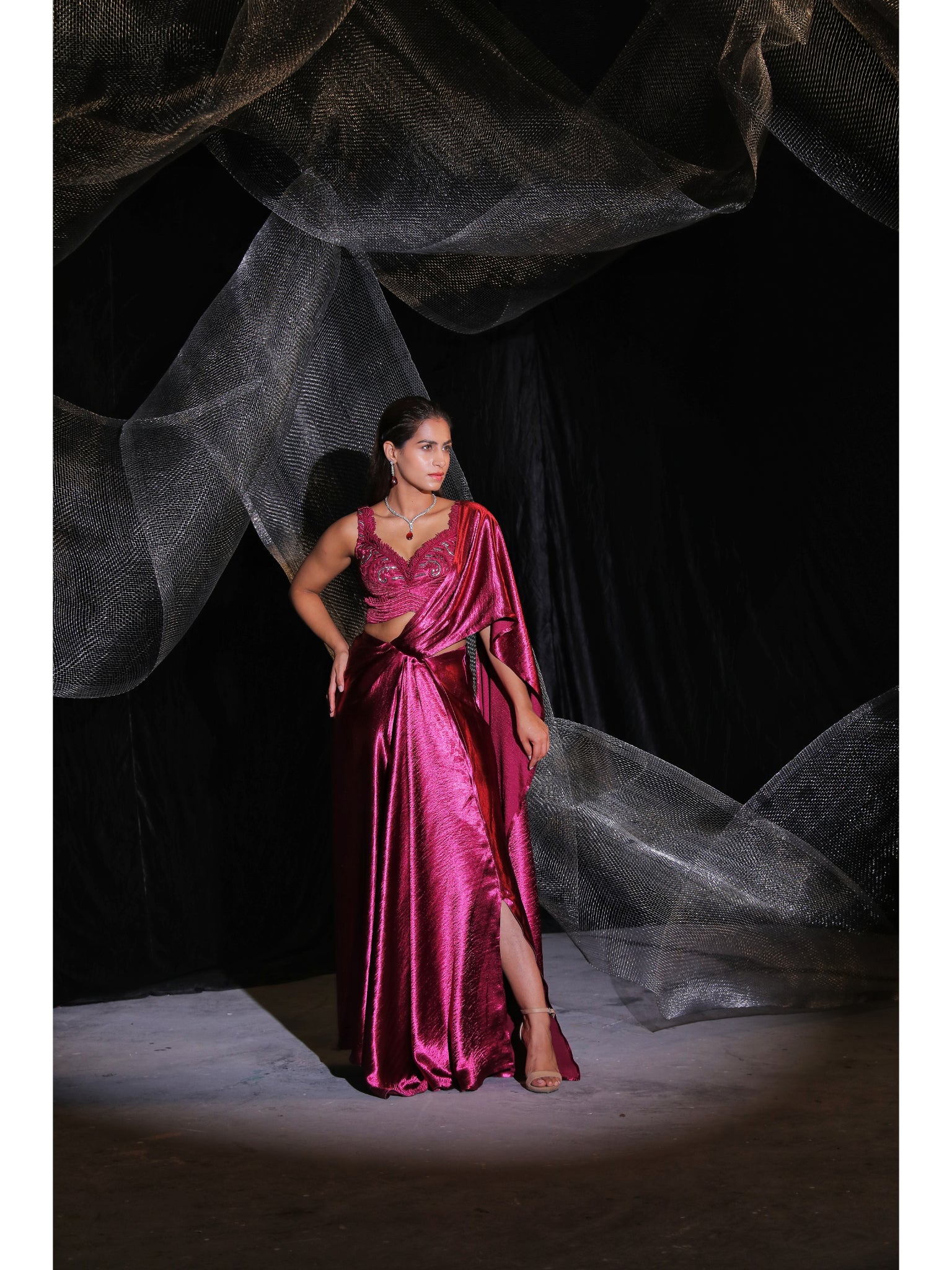 Mettalic pink drape saree ( signature )