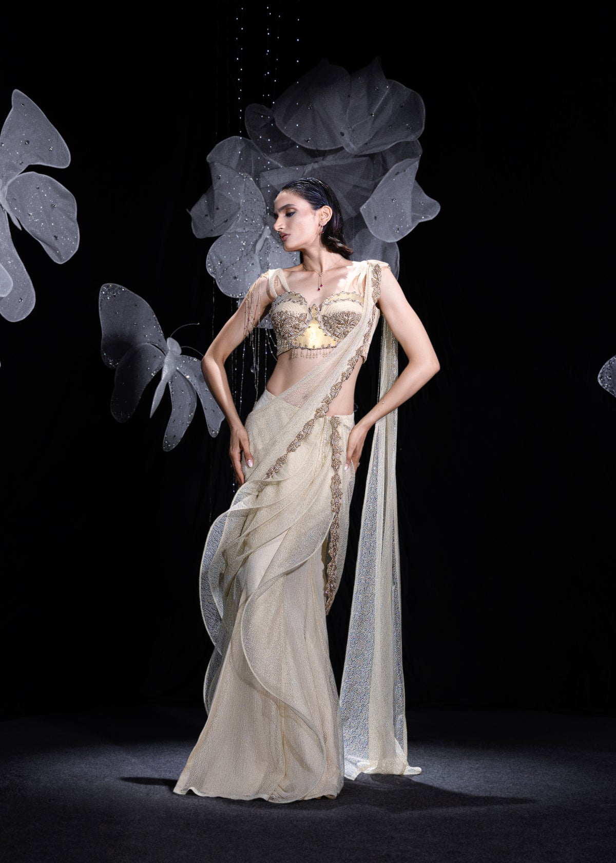 Metallic muse draped saree set