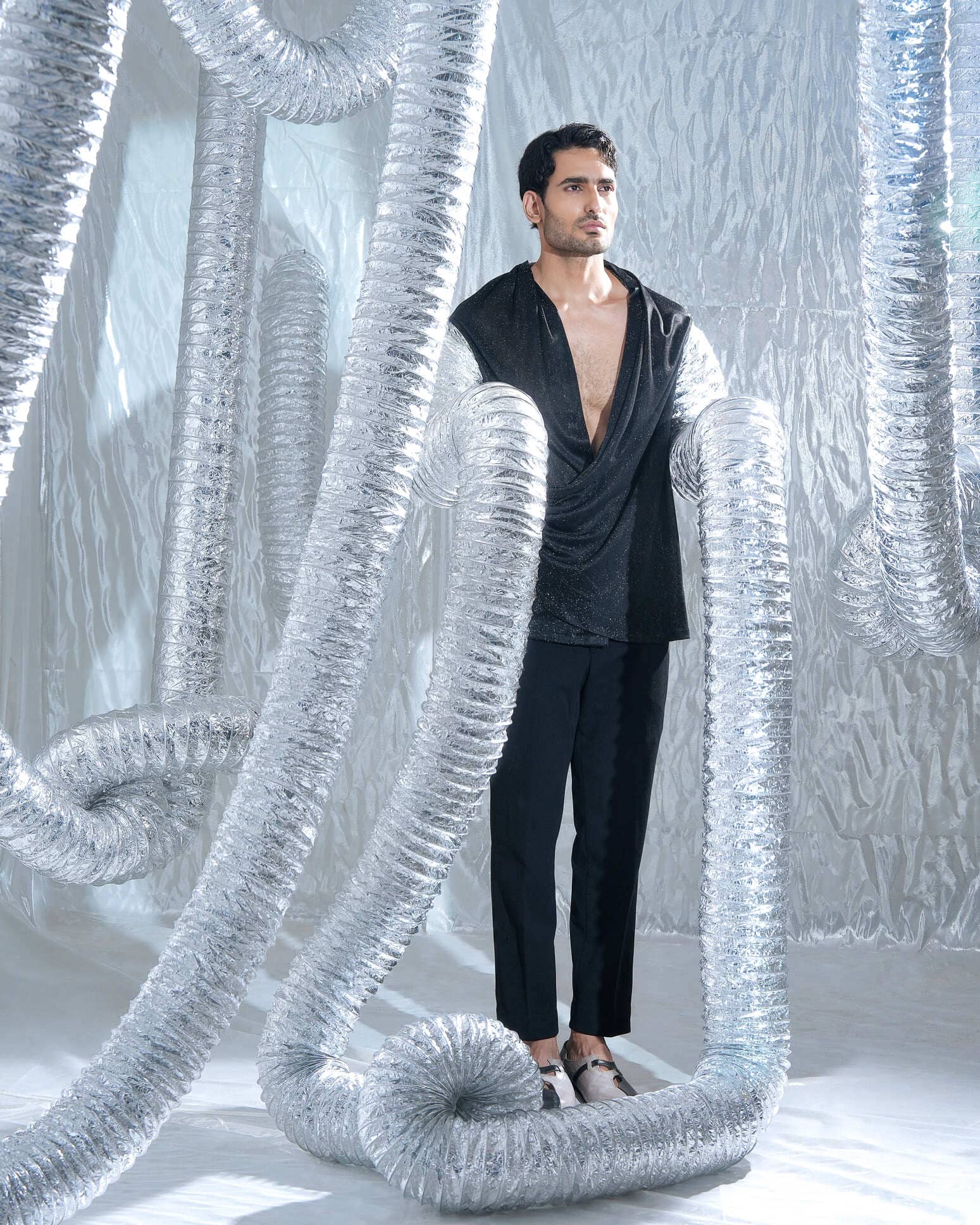 Ethno Strip Black Cowl Shirt