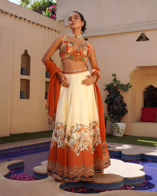 ALABASTER TO MUD PRINT LEHENGA AND BLOUSE