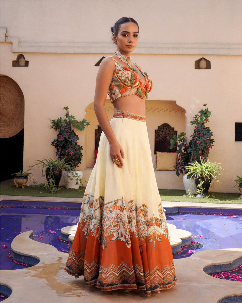 ALABASTER TO MUD PRINT LEHENGA AND BLOUSE