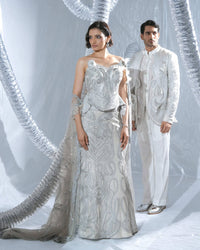 White Moire Neo Indo Western with pants