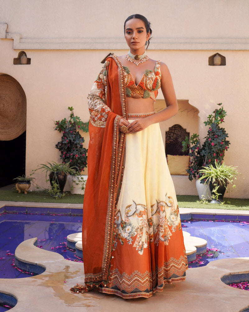 ALABASTER TO MUD PRINT LEHENGA AND BLOUSE