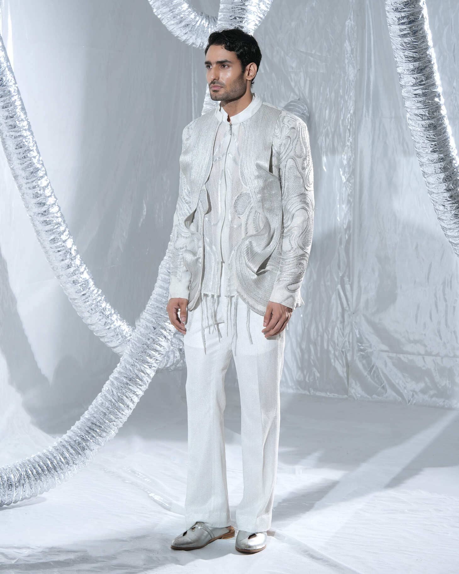 White Moire Neo Indo Western with pants