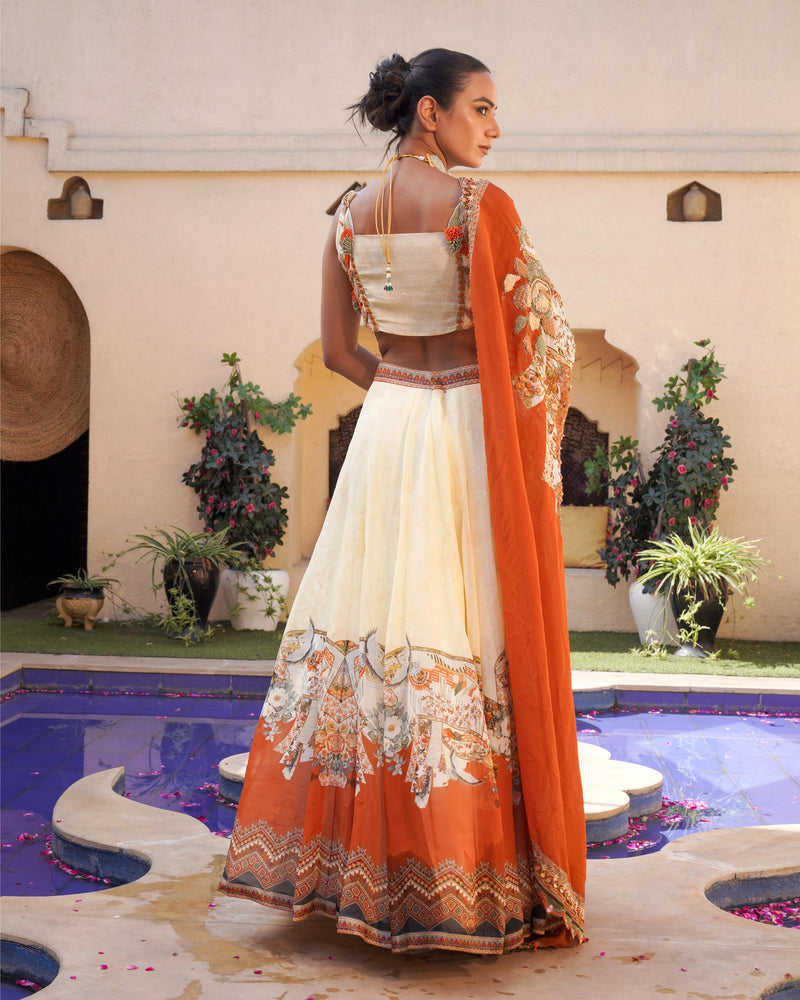 ALABASTER TO MUD PRINT LEHENGA AND BLOUSE