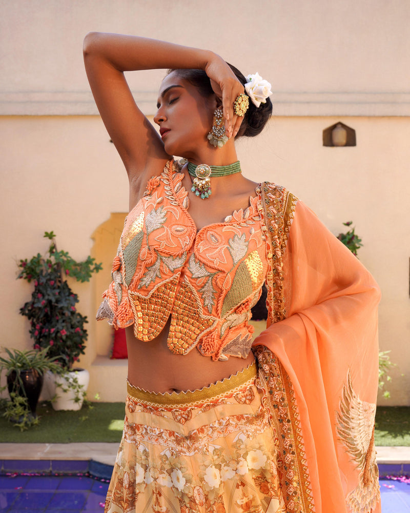 TANGERINE FLORAL PRINT LEHENGA AND BLOUSE