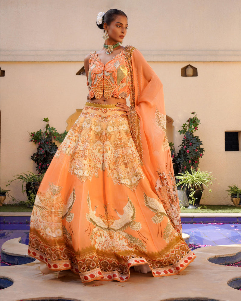 TANGERINE FLORAL PRINT LEHENGA AND BLOUSE