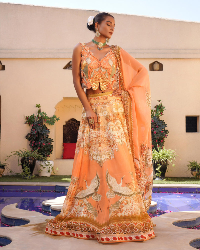 TANGERINE FLORAL PRINT LEHENGA AND BLOUSE