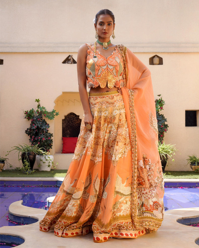 TANGERINE FLORAL PRINT LEHENGA AND BLOUSE