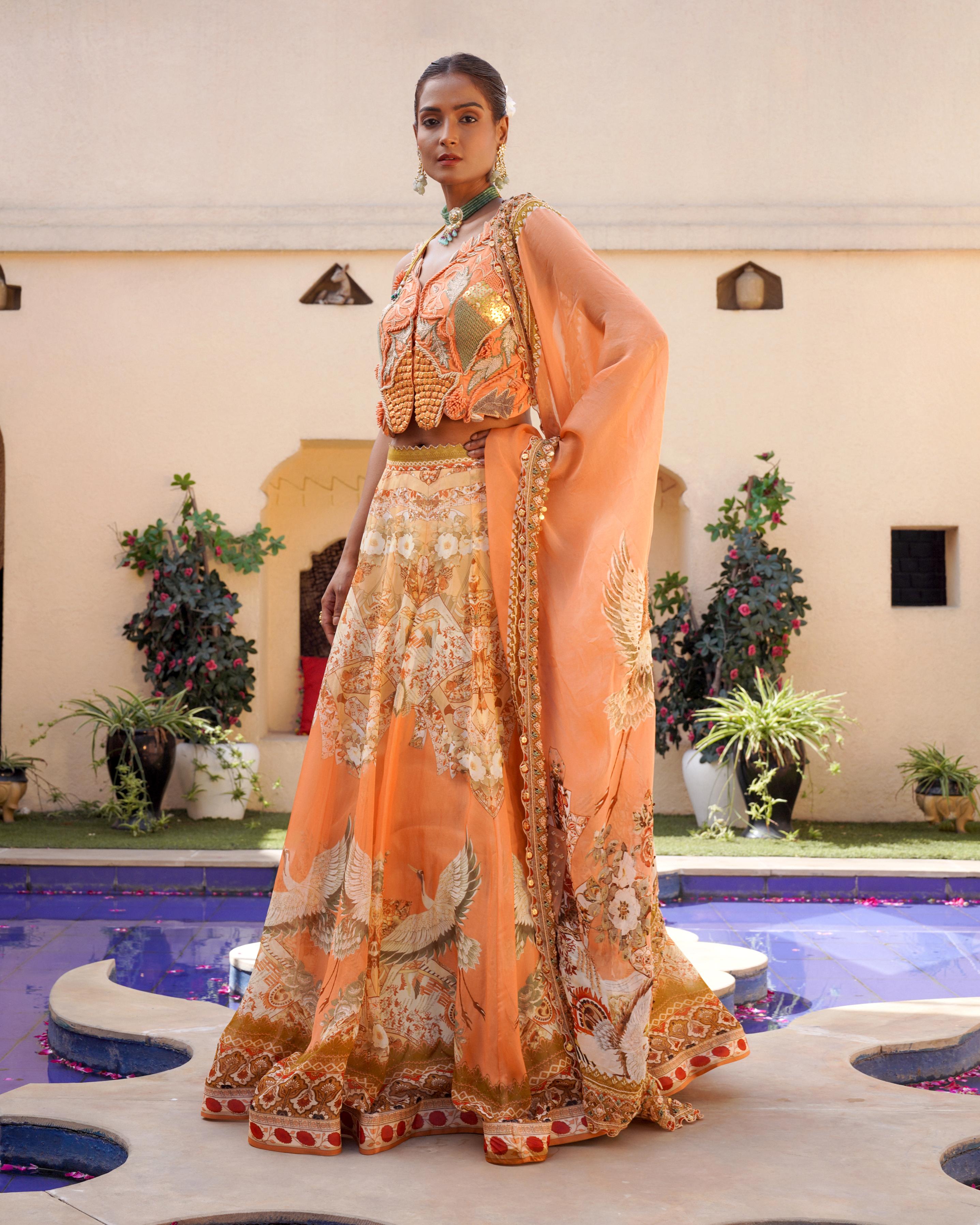 TANGERINE FLORAL PRINT LEHANGA AND BLOUSE