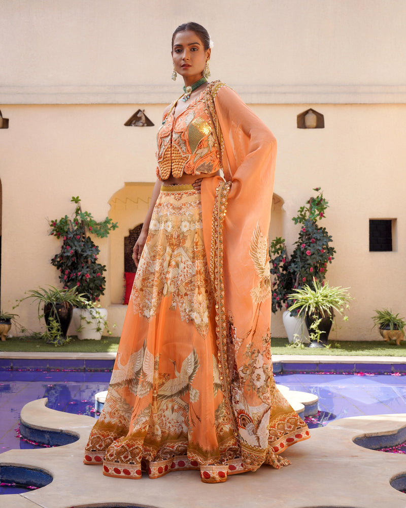 TANGERINE FLORAL PRINT LEHENGA AND BLOUSE