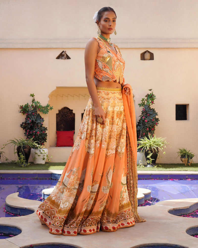 TANGERINE FLORAL PRINT LEHENGA AND BLOUSE