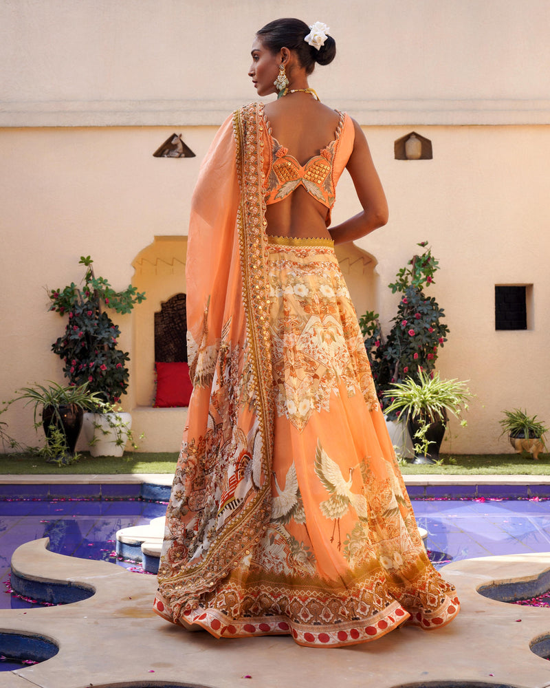 TANGERINE FLORAL PRINT LEHENGA AND BLOUSE